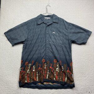 VTG Y2K TXT Hawaiian Button Up Shirt Men L Tiki Tribal Statue AOP Blue Retro